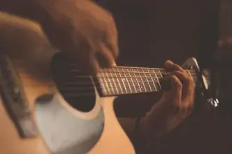 Mans hand playing an acoustic guitar
